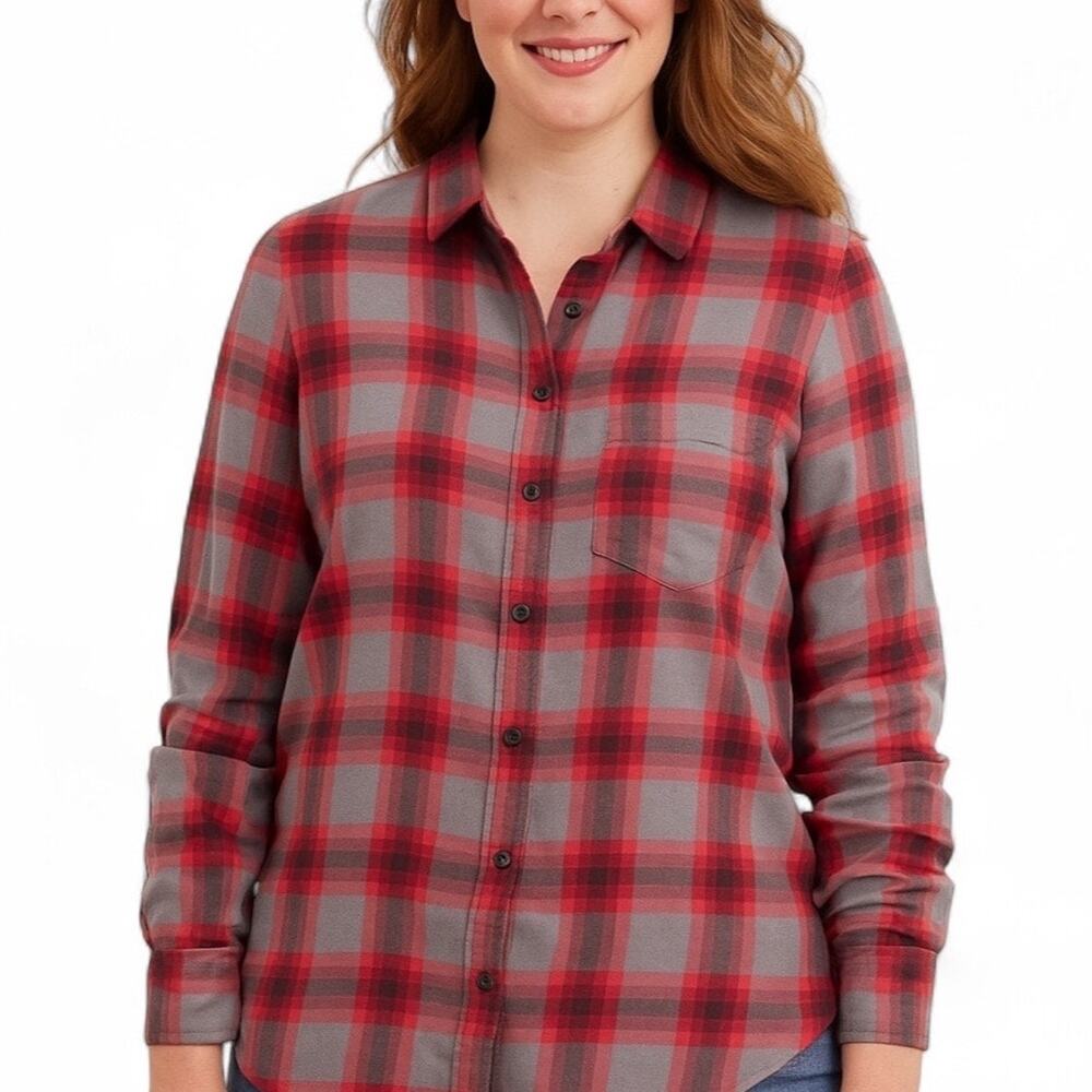 J Crew Gray Red The Perfect Button Long Sleeve 100% Cotton Flannel Shirt SMALL